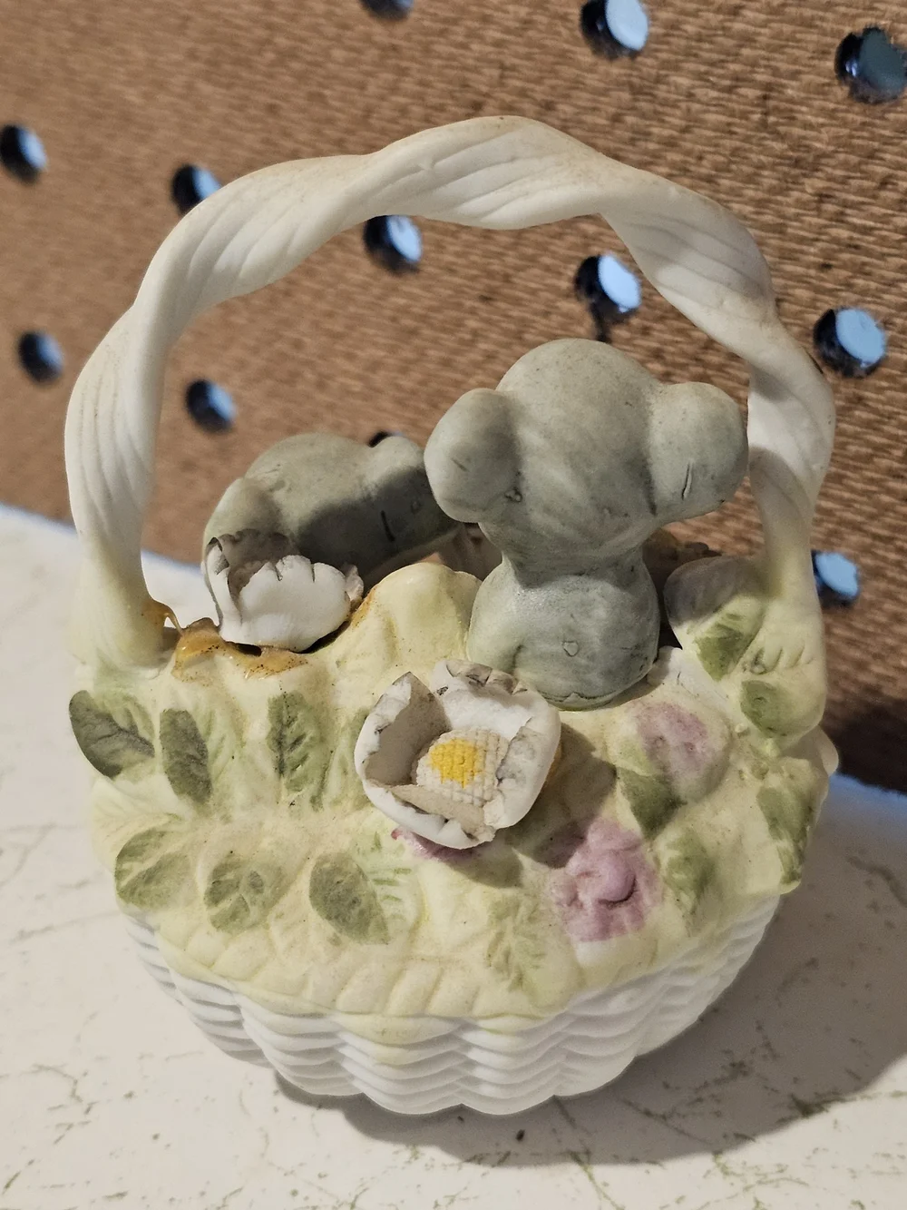 Ceramic Cream Basket Figurine with Pastel Floral Accents